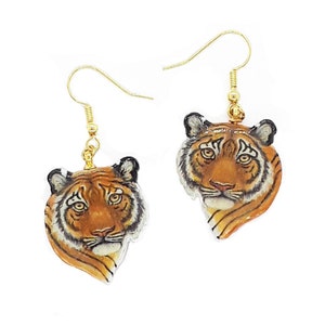 Tiger Earrings with Glittery Accents, Gold colored Dangle