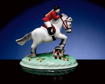 Pony, Porcelain Figurine of a Little Girl on Gray Pony Jumping  Titled High Flying Friends