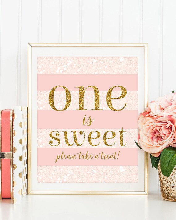 Floral blush pink and silver first birthday party sign One is sweet please take a treat table sign printable Winter onederland decorations