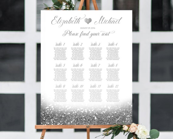 Silver Wedding Seating Chart Alphabetical Table Plan Glitter Etsy