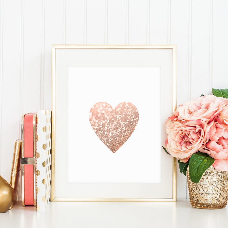 Rose Gold Heart Print Pink Wall Art Printable Glitter Heart Etsy