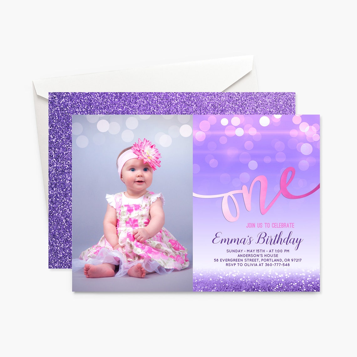 Pink And Purple First Birthday Invitation Girl 1st Birthday | Etsy