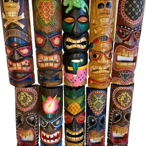 WorldBazzar 20 Inch Large Set Of 5 Polynesian Hawaiian Tiki Style Wall Masks Green Brown White Pink Yellow Red