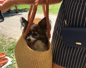 May include: A brown woven basket bag with leather handles, carrying a small white and brown papillon dog. The bag is being held by a person wearing a striped dress.