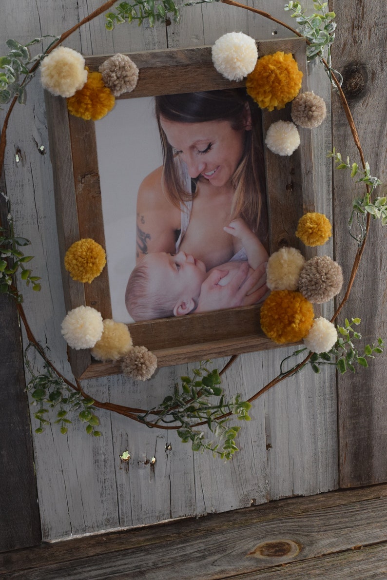 8x10 Barn Wood Photo Frame With Yarn Poms Pom Pom Picture Etsy