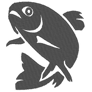 May include: A black silhouette of a fish jumping out of the water. The fish is facing to the right and has a large fin on its back.