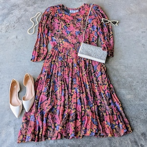 Vintage Passports of Pier 1 Imports Floral Long Sleeve Pleated Midi Dress medium