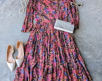 Vintage Passports of Pier 1 Imports Floral Long Sleeve Pleated Midi Dress medium