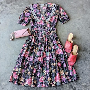 Vintage D.B.Y. Ltd Dark Pink Floral Collar Button Front Midi Shirt Dress