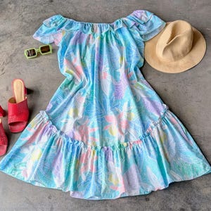 Vintage Kole Kole Hawaiian Blue Ruffle Off Shoulder Floral Mumu Midi Dress