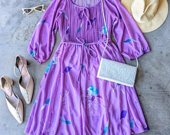 Vintage Purple Pleated Patterned Long Sleeve Top and Midi A-Line Skirt Set