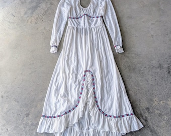 Vintage 70s Handmade Prairie Dress White Long Sleeve Ruffle Maxi Dress