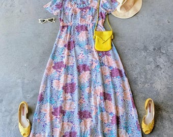 Vintage 70s Blue Purple Orange Floral Empire Waist Maxi Prairie Dress Union Made