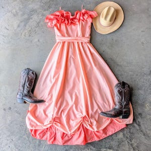 Vintage Handmade Orange Peach Pink Ruffle Neckline Maxi Dress Gown