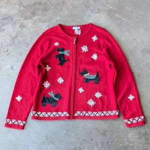 Vintage Charter Club Red Scottie Dog Full Zipp Wool Sweater large
