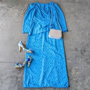Vintage 1980s Union Made Blue Satin Jacquard Long Sleeve Maxi Dress size 12
