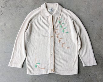 Suéter tipo cárdigan con hojas bordadas en acrílico Talbott Taralan Orlon, años 50