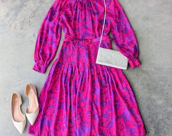 Vintage Raul Blanco Pink Purple Silk Long Sleeve Midi Skirt Matching Set