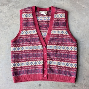 Vintage Talbots Petites Red Wool Fair Isle Stripe V-Neck Sweater Vest medium