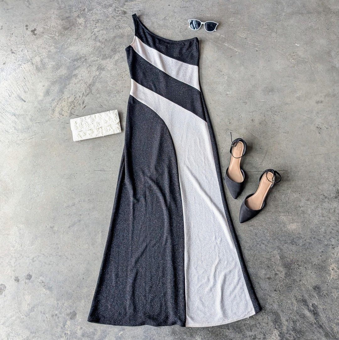 Vintage Water Signs Sparkle Glitter Black White Colorblock One Shoulder ...