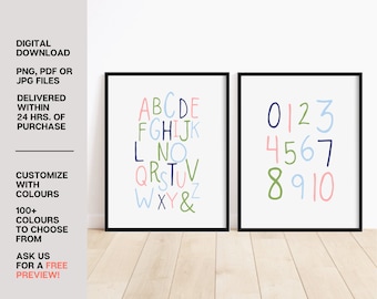 Alphabet and Numbers Poster Set of 2 | ABC Wall Art | Kids Room Decor | Nursery Room | Nursery Print | Baby Girl Baby Boy | Digital Download