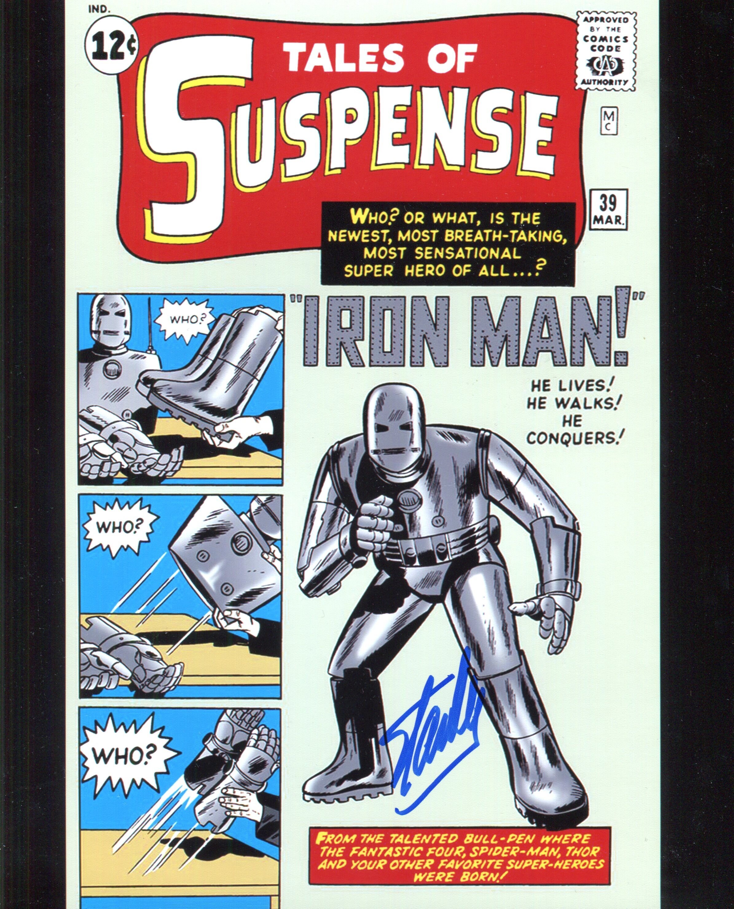 Iron Man Tales Of Suspense 39 photos dédicacées 8 x 10 pouces par Stan Lee. Avec certificat FE et preuve de signature. Marvel authentique