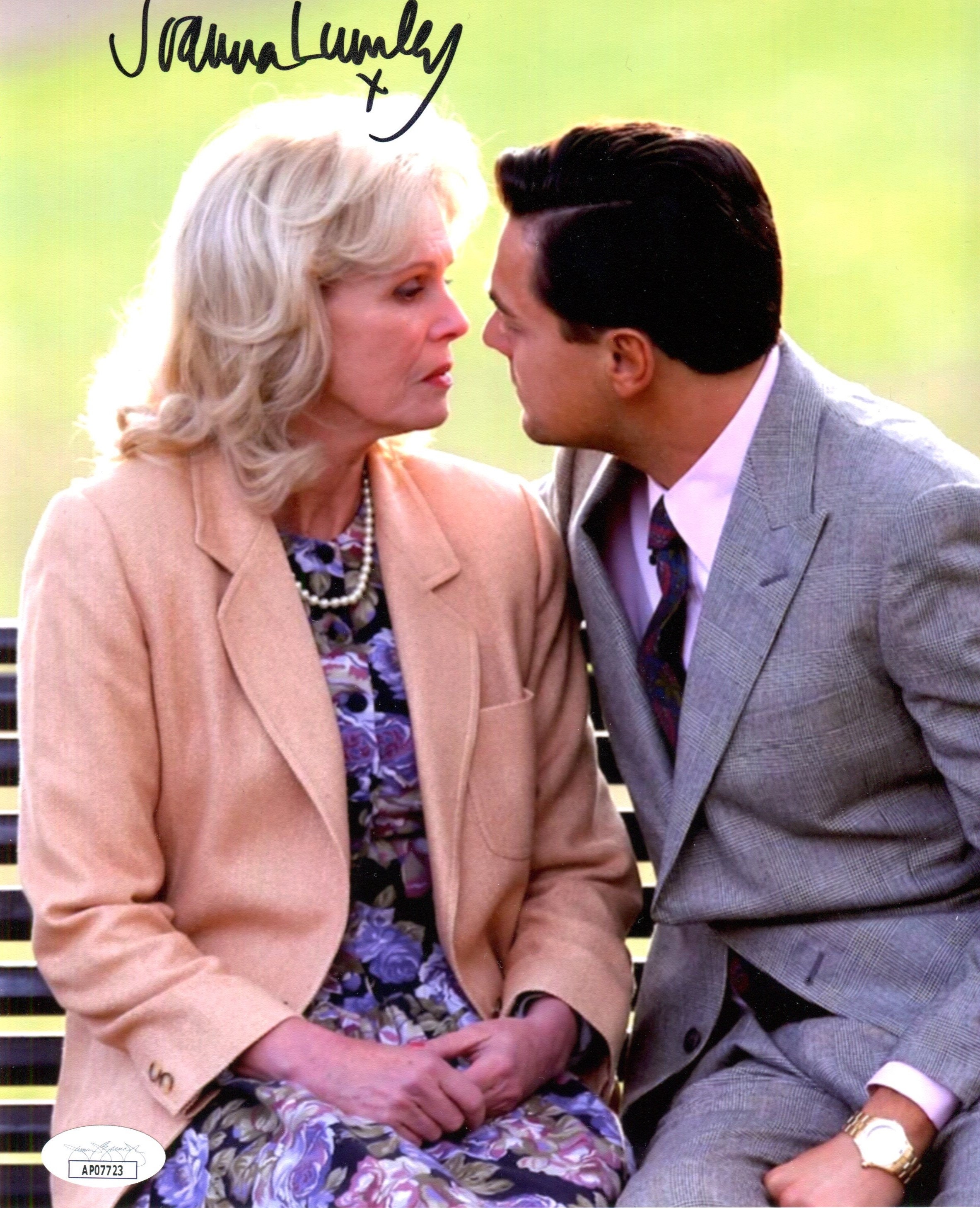 Joanna Lumley hand-signed Wolf of Wall Street 8x10 photo as Aunt Emma, featuring Leonardo Dicaprio. JSA certified.