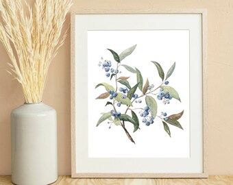 Blueberries Watercolor Painting-Digital Download-Botanical Print, Plant Wall Art, Fruit Artwork, Farmhouse Kitchen Decor