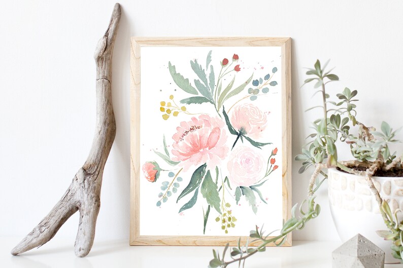 Peonies Bouquet Watercolor Painting Garden, Botanical, Floral Painting, Feminine Flowers Decor INSTANT DOWNLOAD image 1