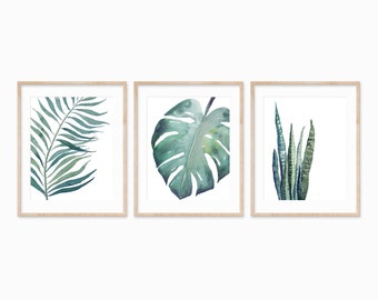 Tropical Set of 3 Watercolor Paintings -Digital Downloads - Botanical Wall Art,  Boho Decor, Plant Artwork