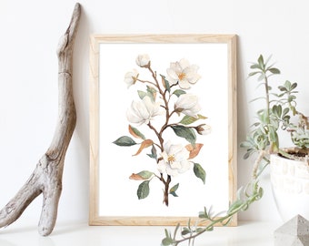 Magnolia Blossom Watercolor Digital Download - Floral Painting, Botanical Wall Art, Flower Tree