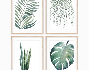 Tropical Watercolor Paintings, Botanical Artwork-DIGITAL Download-Palm, Sansevieria, Monstera, String of Pearls - Boho Minimalist Decor