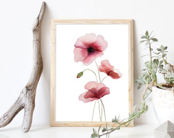 Poppies Digital Download - Watercolor Painting, Floral Artwork, Poppy Flowers, Botanical Wall Art
