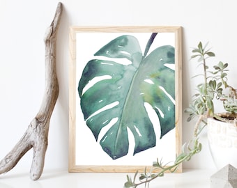 Monstera Leaf Watercolor Painting - Tropical Wall Art, Botanical Print, Plant Artwork - DIGITAL DOWNLOAD