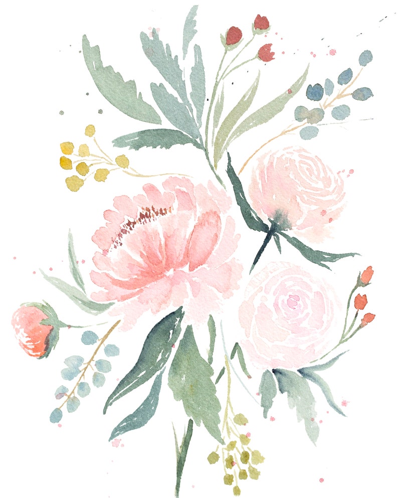 Peonies Bouquet Watercolor Painting Garden, Botanical, Floral Painting, Feminine Flowers Decor INSTANT DOWNLOAD image 2