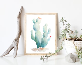 Cactus + Birdie - DIGITAL Watercolor Painting! Botanical, Tropical, Plant Artwork, Garden, Kitchen Decor, Boho - INSTANT DOWNLOAD