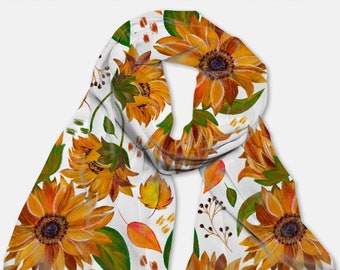 Autumn Sunnies - Sunflower Scarf , Autumn Floral Wrap, Wearable Art, Acrylic Painting Design