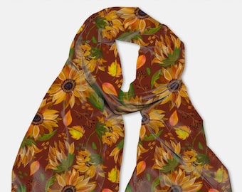 AUTUMN SUNNIES-Sunflower Scarf on Rust Red, Fall Floral, Long, Ladies Wrap, Boho, Shawl