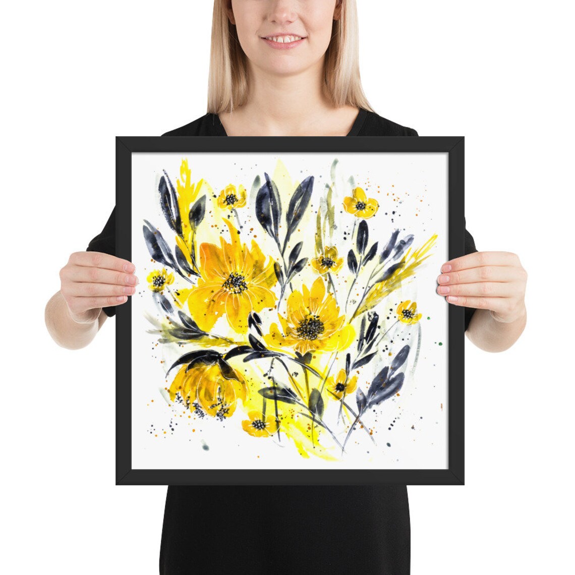 Gelb und Grau Aquarell Modern Floral gerahmt Poster Druck | Etsy