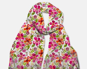 PENELOPE Watercolor Floral- SCARF, Pink, Green, Orange, Yellow Blooms, White Background, Ladies scarf, Artistic Wrap Accessory