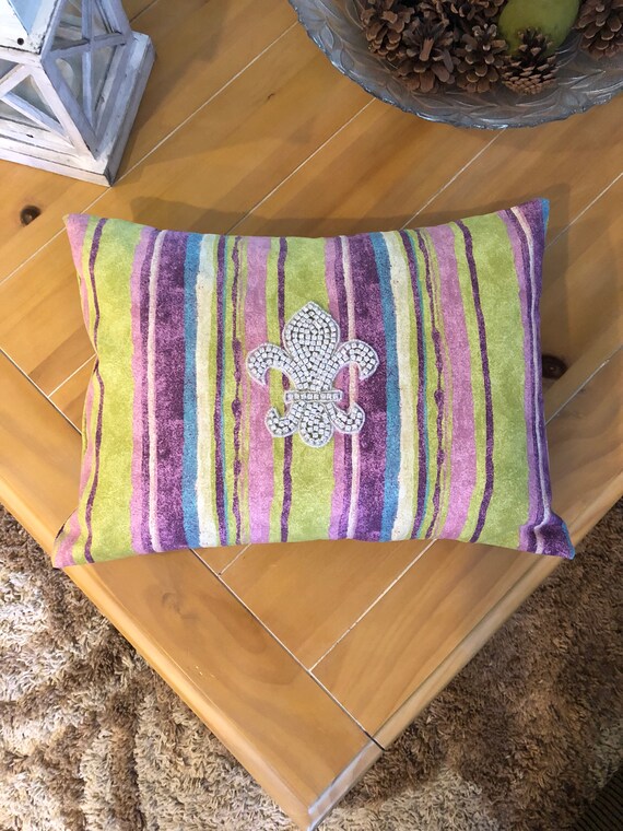 Fleur De Lis Pillow Striped Throw Pillow Embellished Pillow Etsy