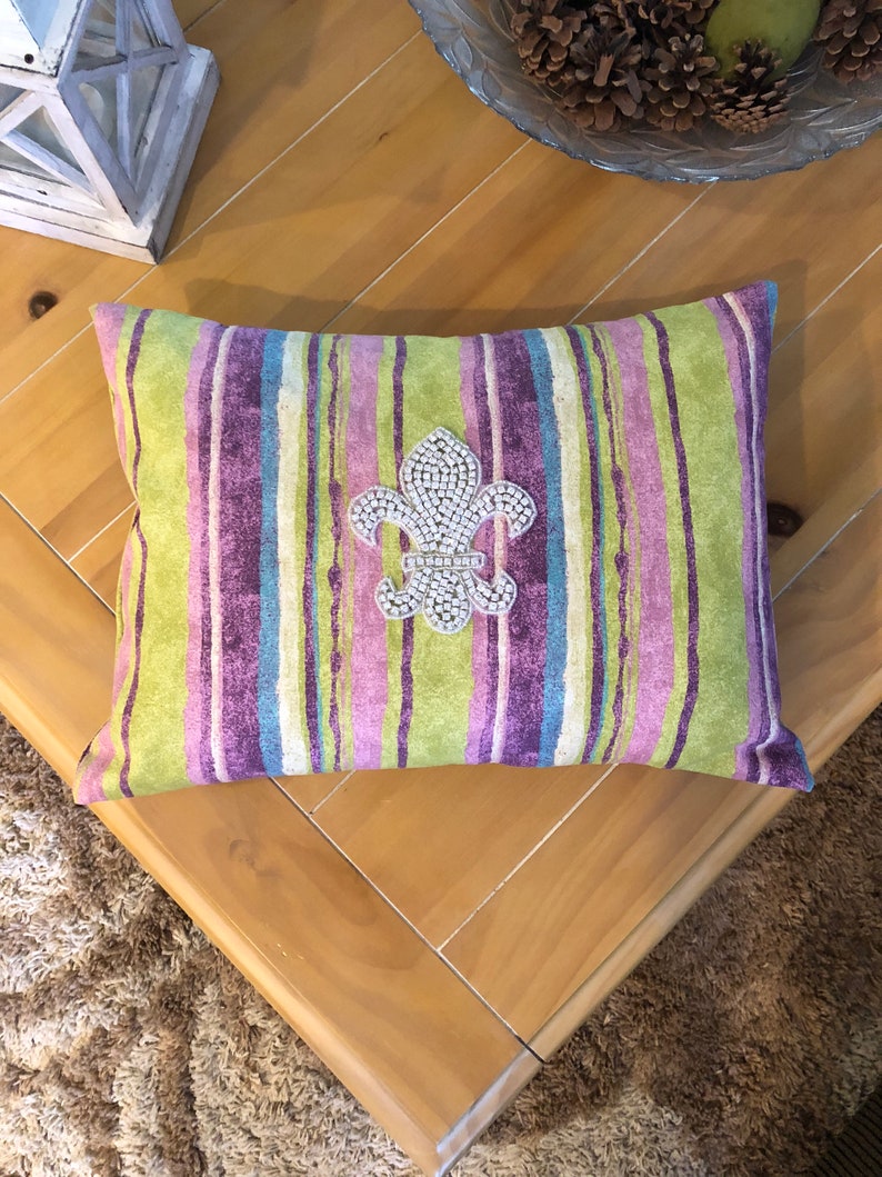 Fleur De Lis Pillow Striped Throw Pillow Embellished Pillow Etsy