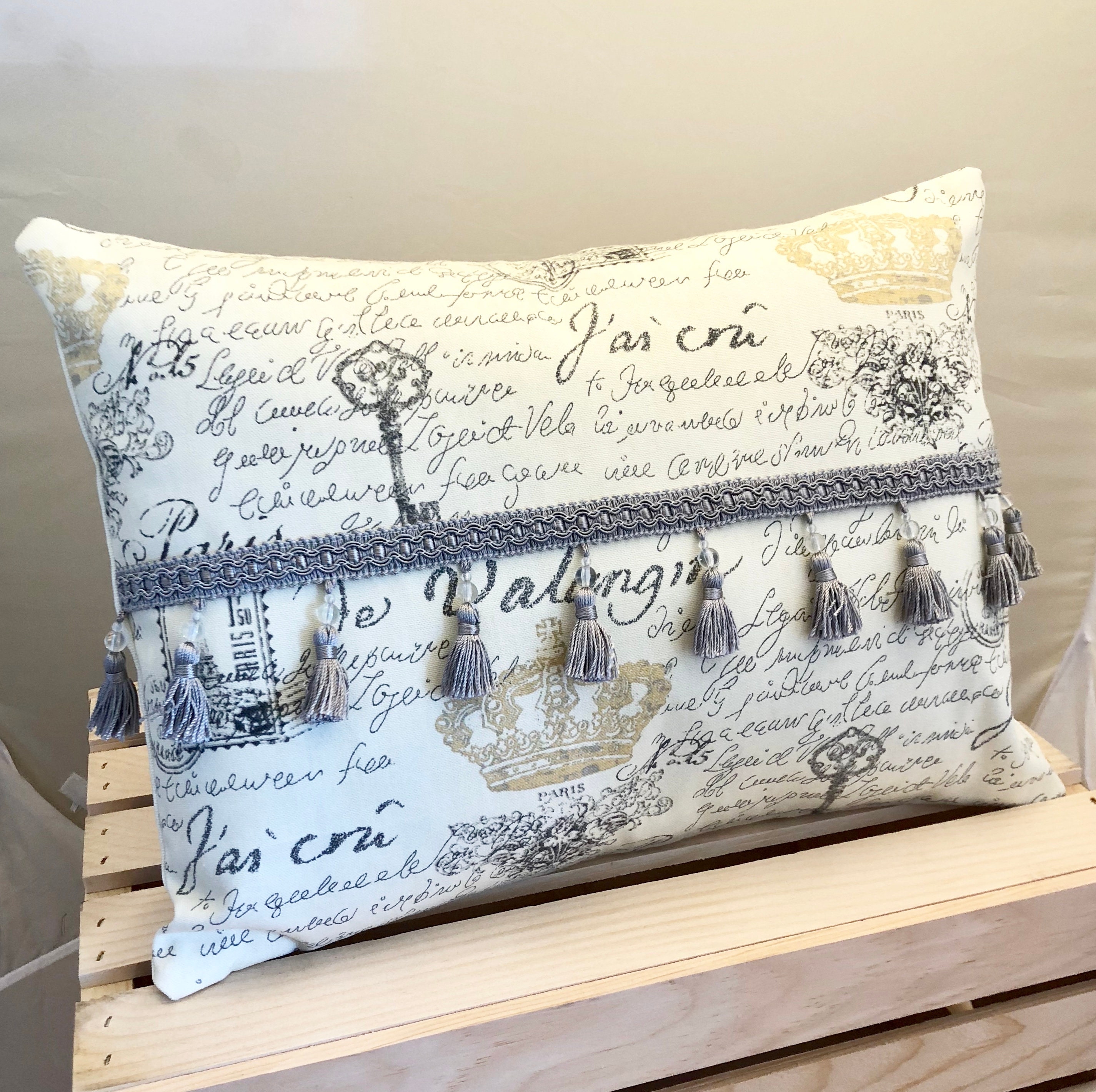 Throw Pillow French Script Throw Pillow Tassel Pillow Etsy