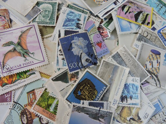 Postage stamps, Used, 50 mixed, collage, mixed media, junk journal tags