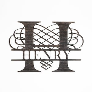 Split Monogram Wall or Door Sign - Calligraphy - Personalized - Surname Engraving