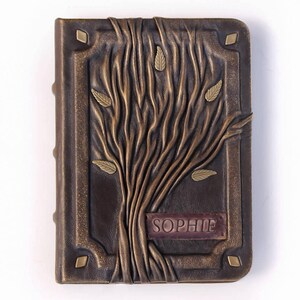 Personalized leather journal Tree Of Life, 3D cover with nameplate