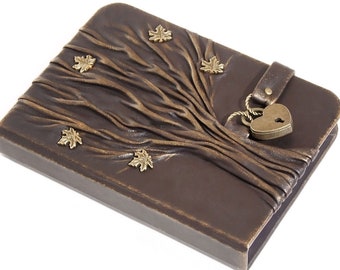 Echtleder Journal Baum des Lebens, abschließbar Notizbuch, Handgemacht