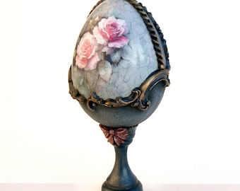 Decoupage Osterei | Handgemachtes Vintages Blumenmuster, Viktorianischer Porzellan-Effekt