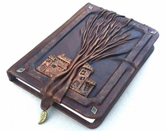 Notizbuch aus Leder, mittelalterliches Notizbuch mit Baum, rustikaler Stil
