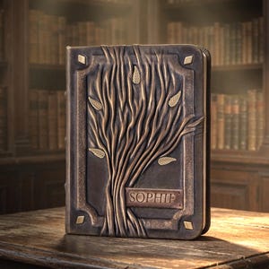 Personalized leather journal Tree Of Life, 3D cover with nameplate on an old table in the library